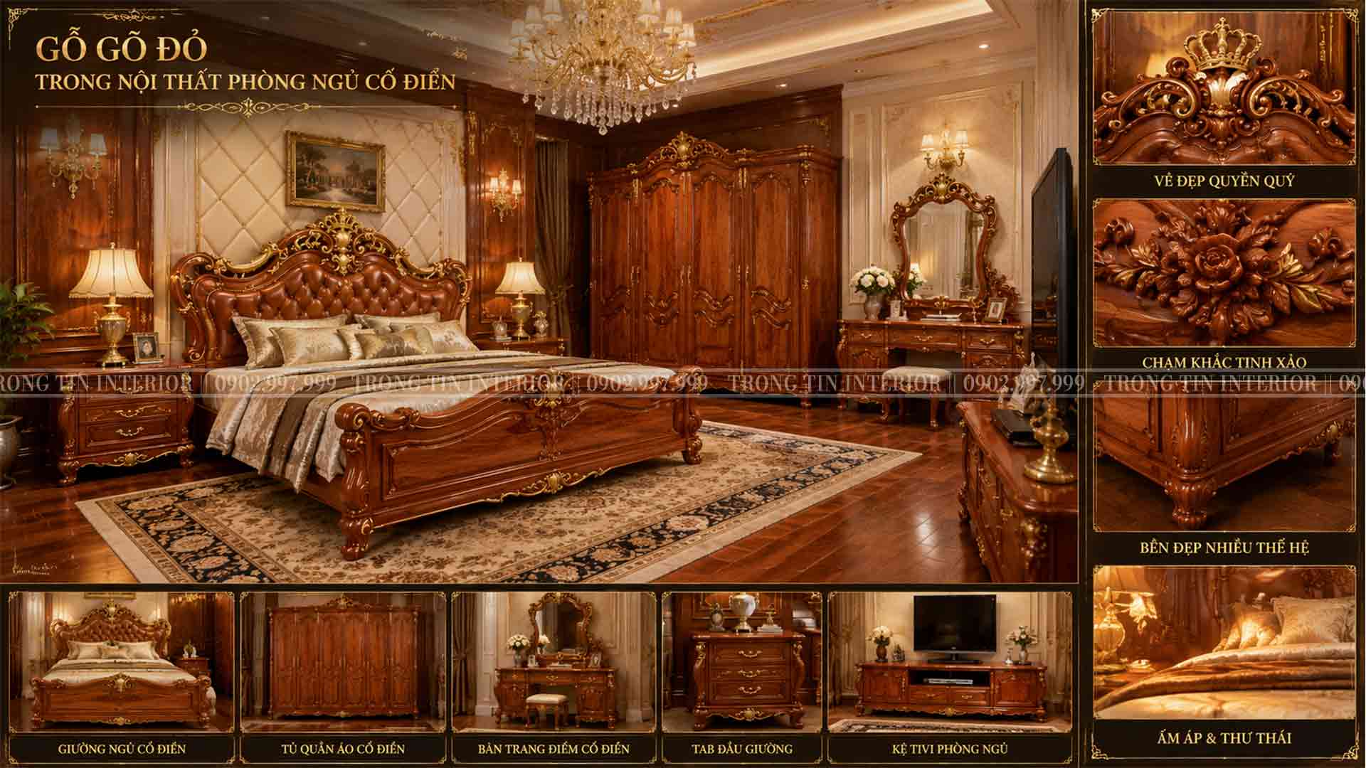 Gỗ gõ đỏ được dùng làm phòng ngủ cổ điển