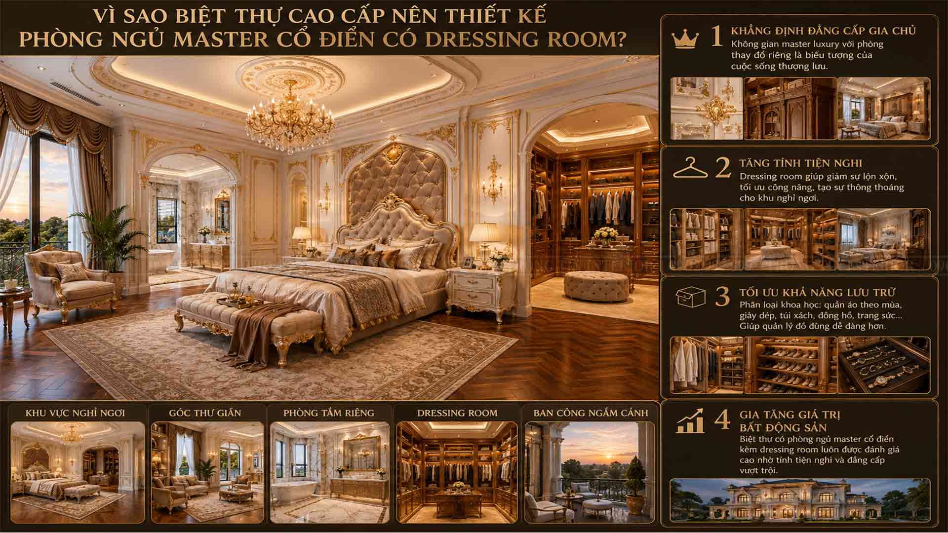 Vì sao biệt thự cao cấp nên thiết kế phòng ngủ master cổ điển có dressing room?