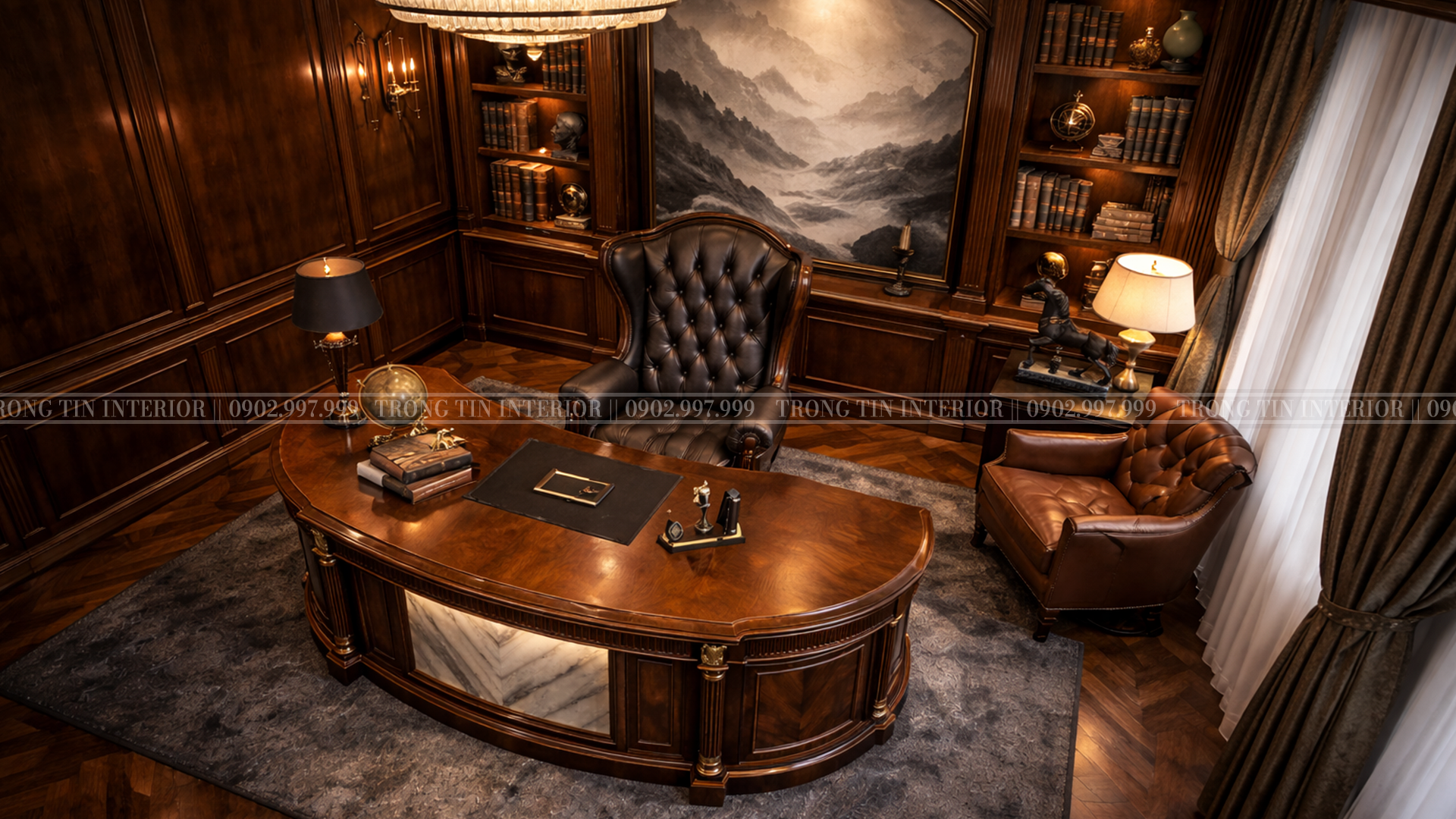 Góc nhìn từ trên xuống trong phòng làm việc cổ điển