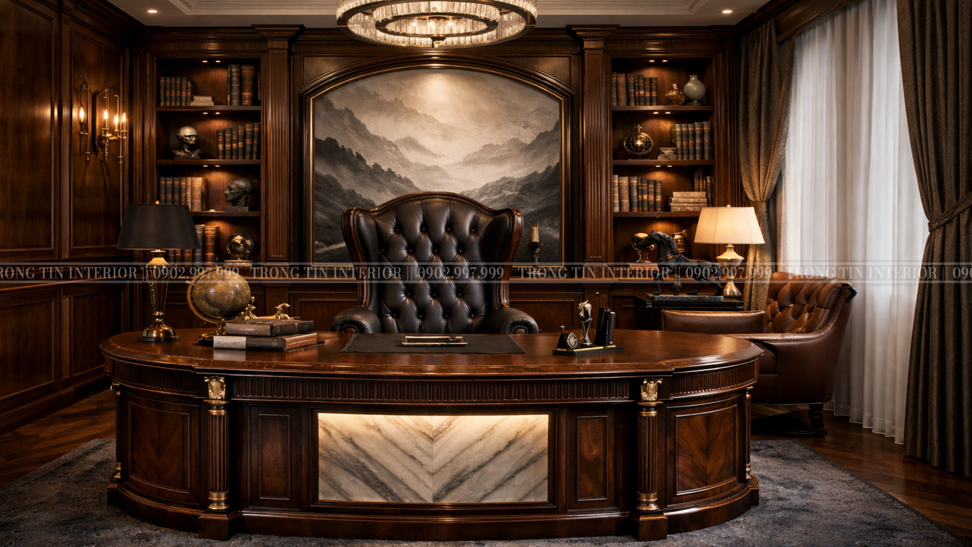 Hình ảnh không gian phòng làm việc thể hiện trí tuệ và quyền lực