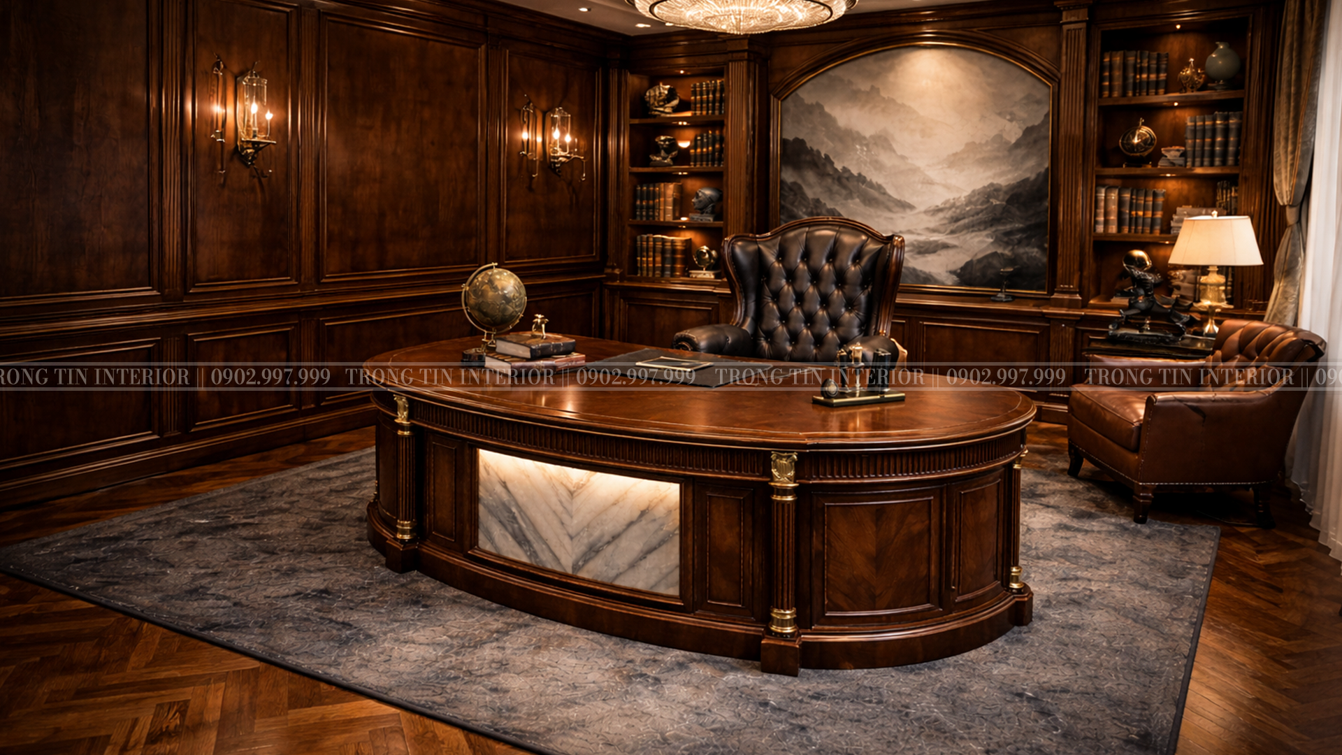 Bàn làm việc cổ điển được thiết kế uốn cong và các đường bo mềm mại