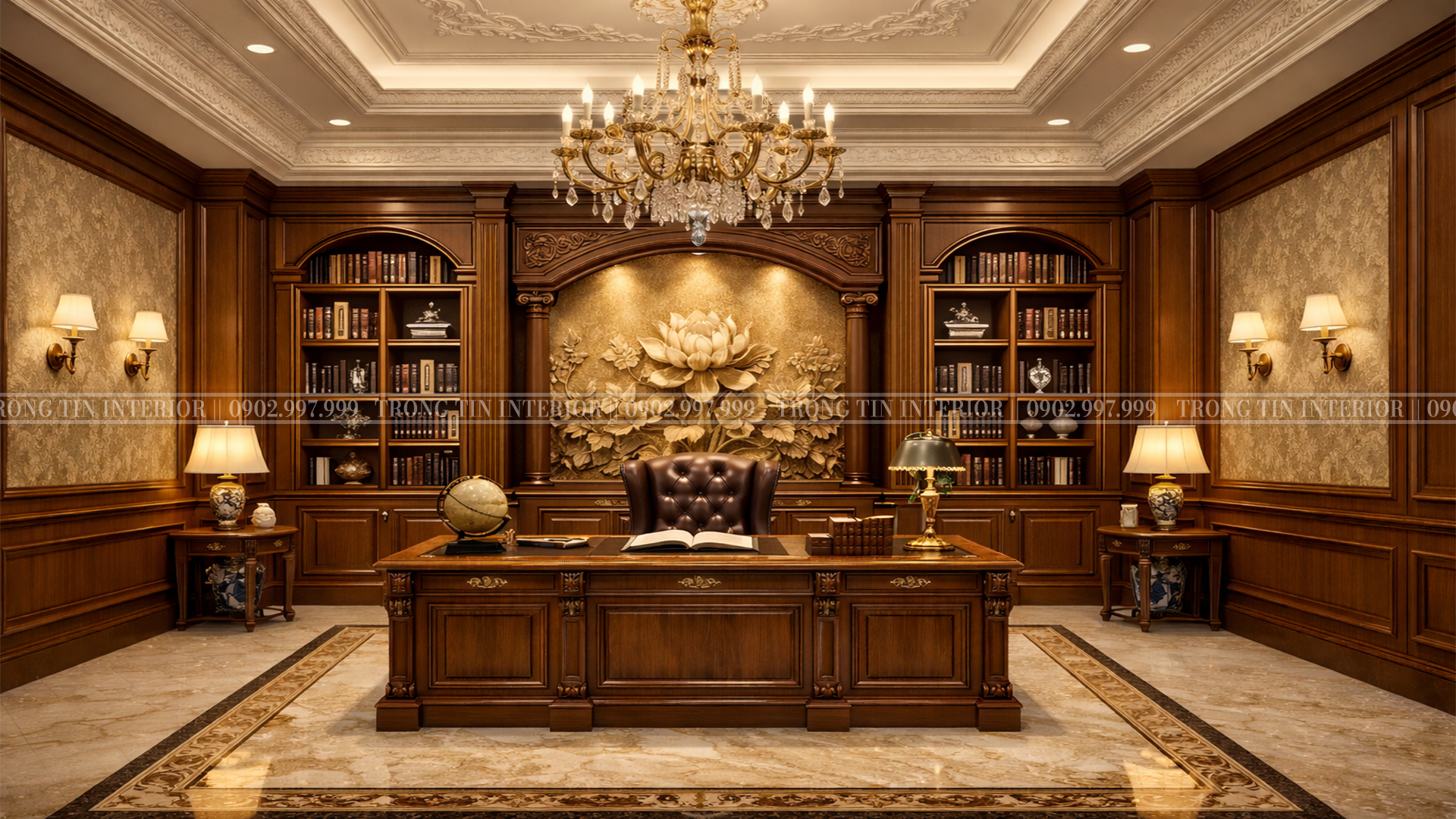 Hình ảnh phòng làm việc Tân Cổ Điển kết hợp với Hoa Sen làm điểm nhấn cho căn phòng người Việt