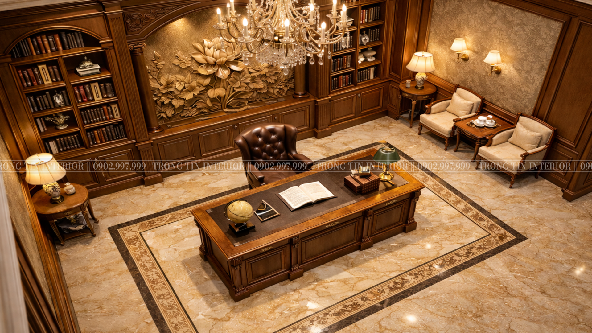 Hình ảnh thể hiện bao quát không gian bàn làm việc cổ điển