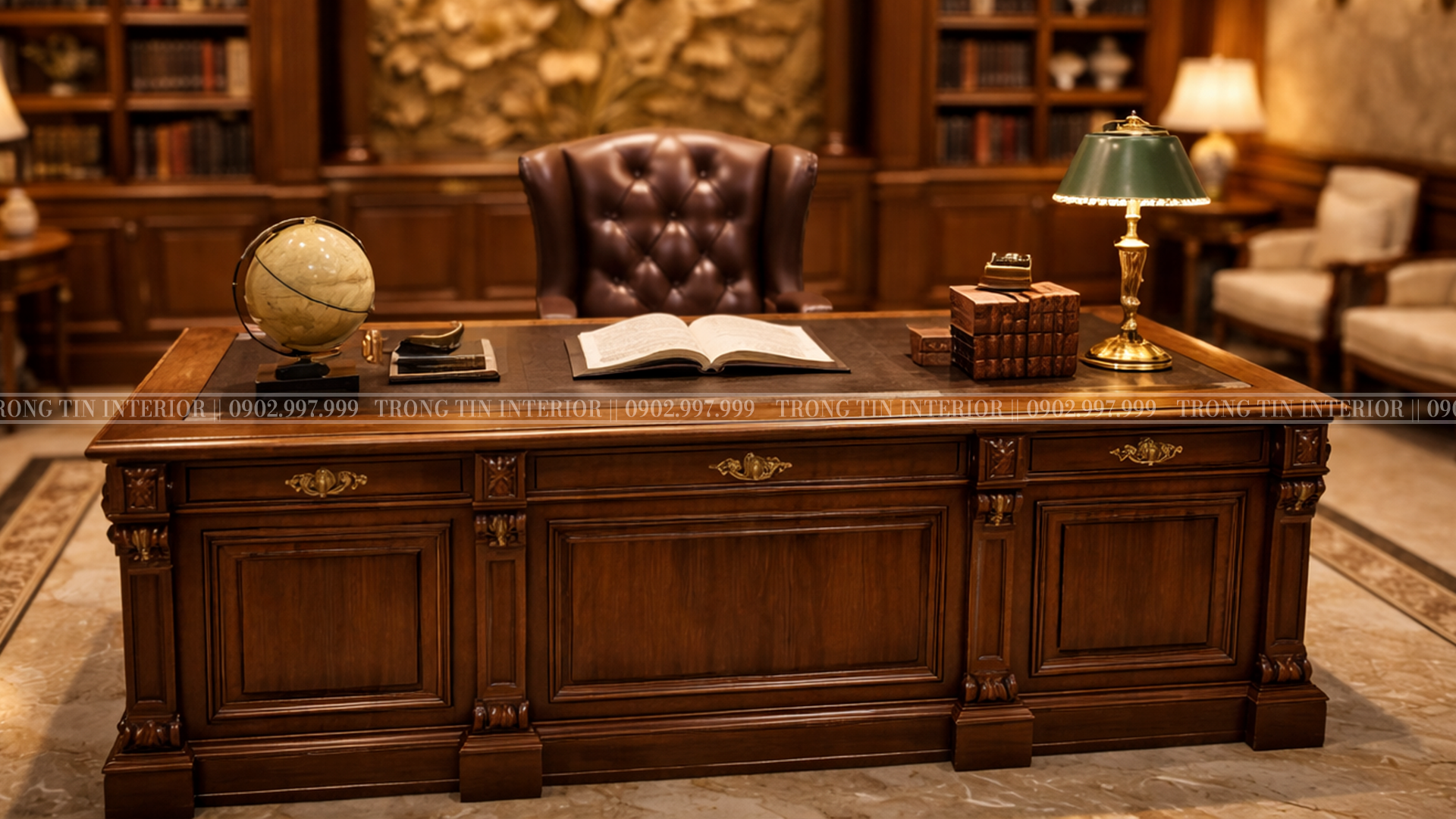 Hình ảnh bàn làm việc cổ điển được thiết kế tối gian nhất, tránh làm không gian trở nên nặng nề hơn