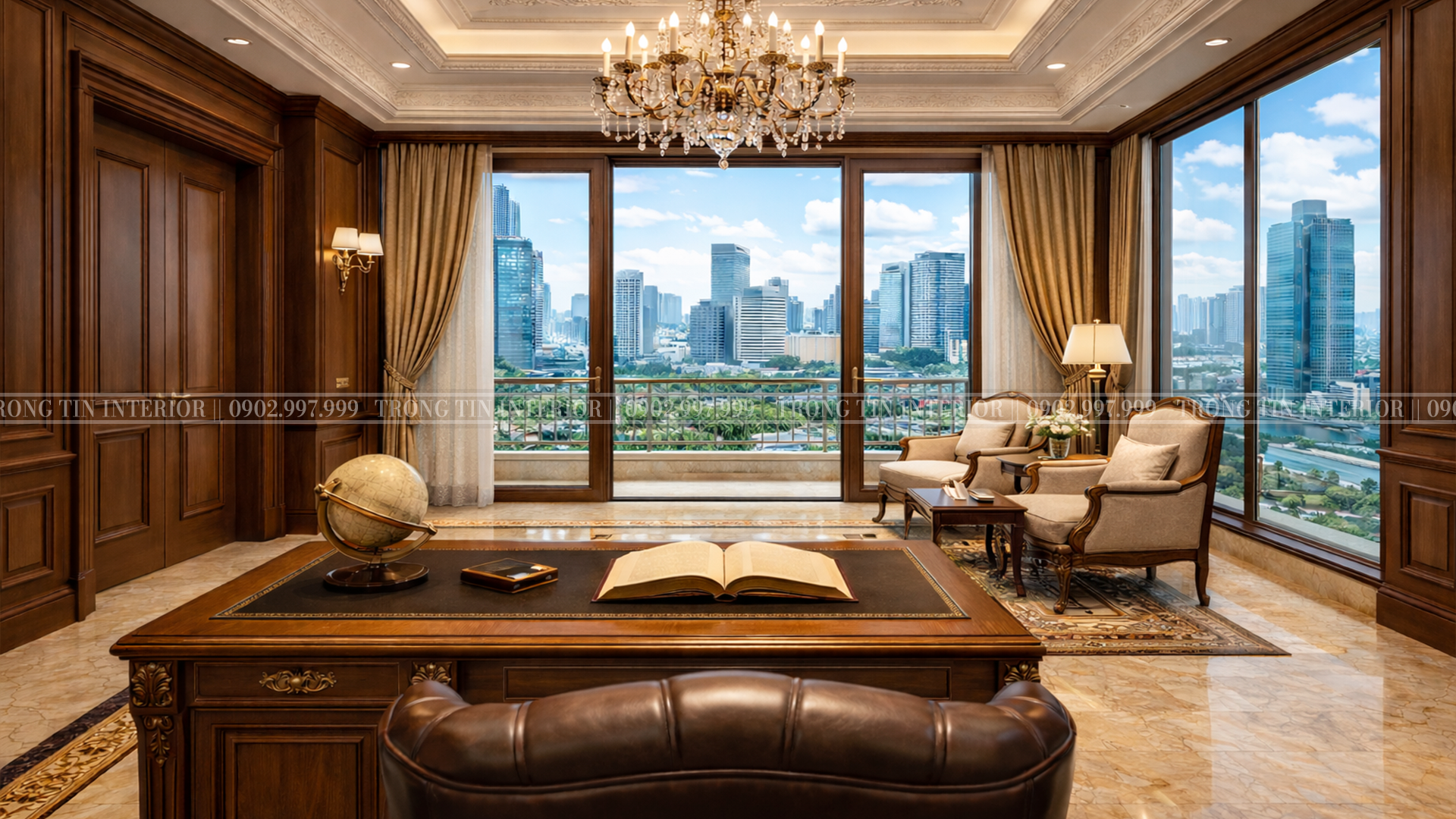 Hình ảnh thể hiện góc nhìn từ bàn làm việc với không gian bên ngoài, tạo cảm giác thoải mái