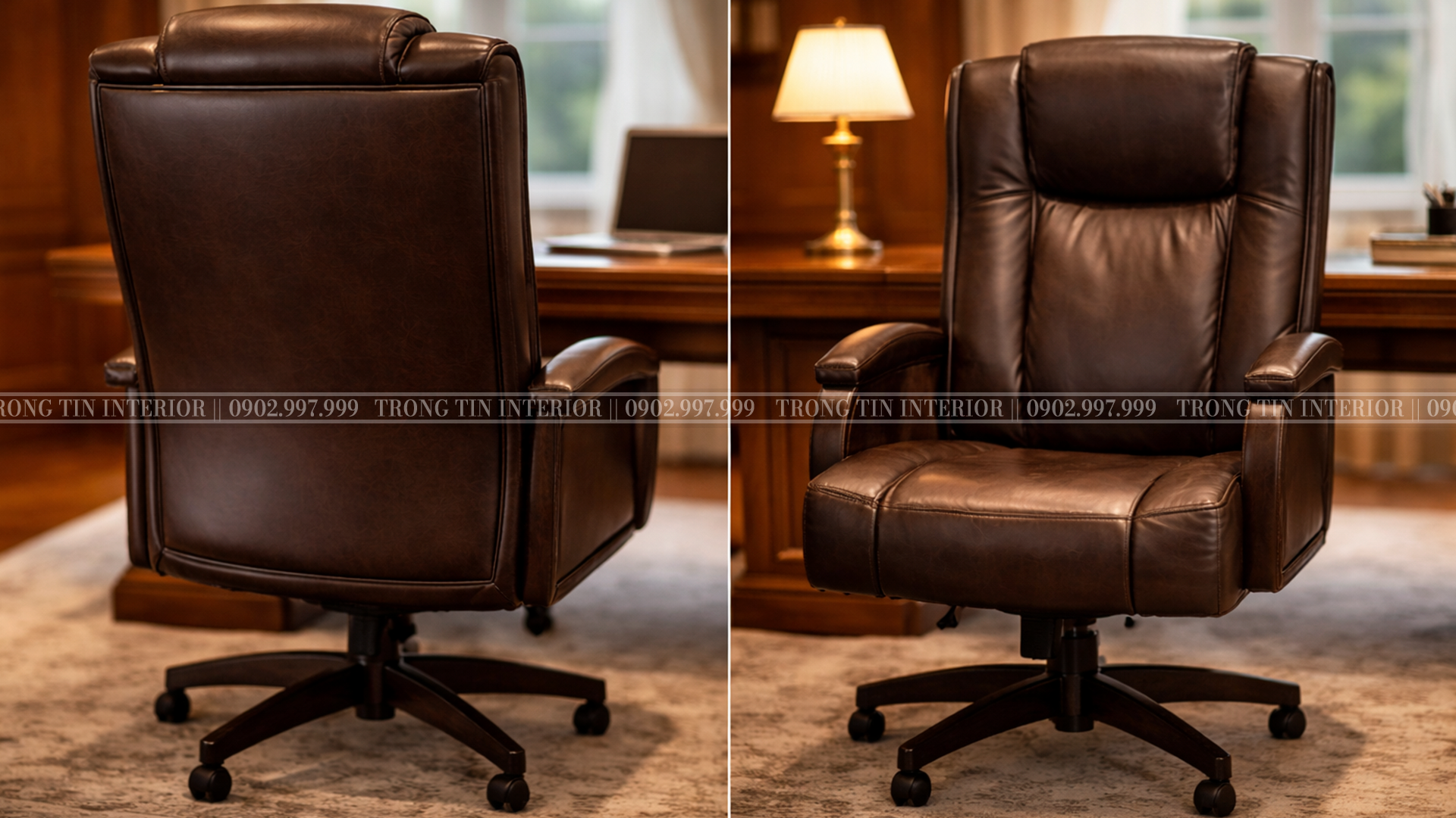 Ghế ngồi làm việc được thiết kế với tựa lưng cao và bọc da, giúp người ngồi cảm thấy thoải mái và sang trọng