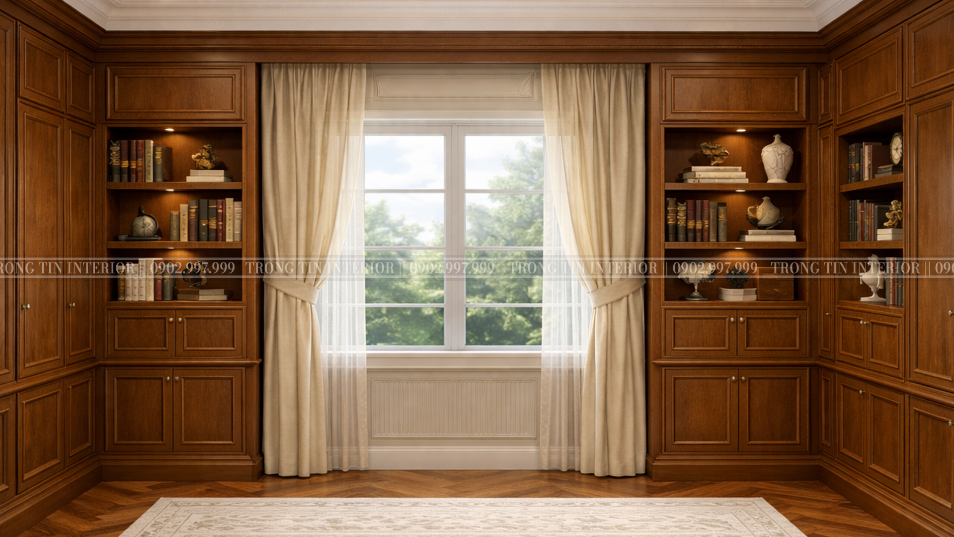 Hệ tủ sách được thiết kế âm tường, giúp tăng diện tích không gian trong phòng