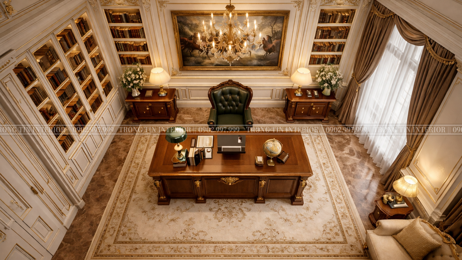 Góc nhìn từ trên cao thể hiện được sự vuông vức của căn phòng làm việc cổ điển