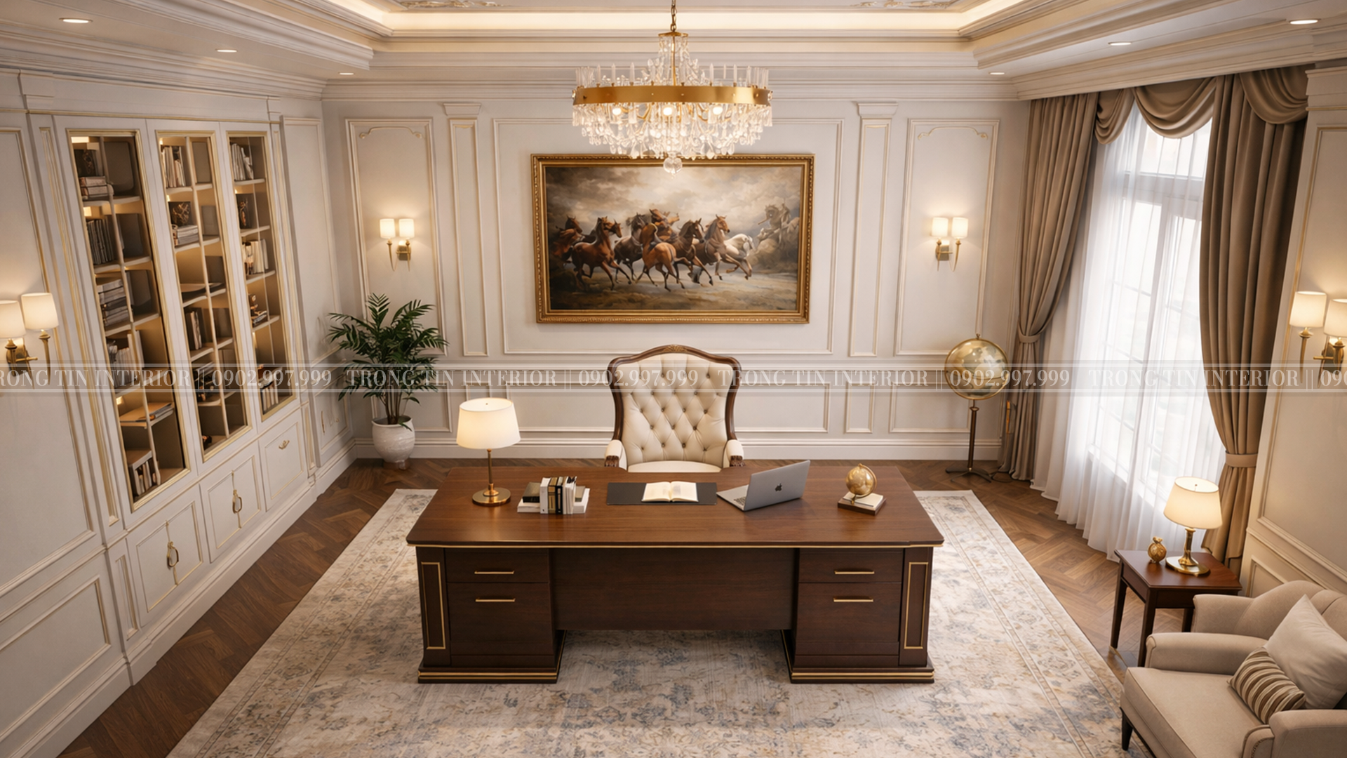 Góc nhìn từ trên cao thể hiện được sự vuông vức của căn phòng làm việc tân cổ điển