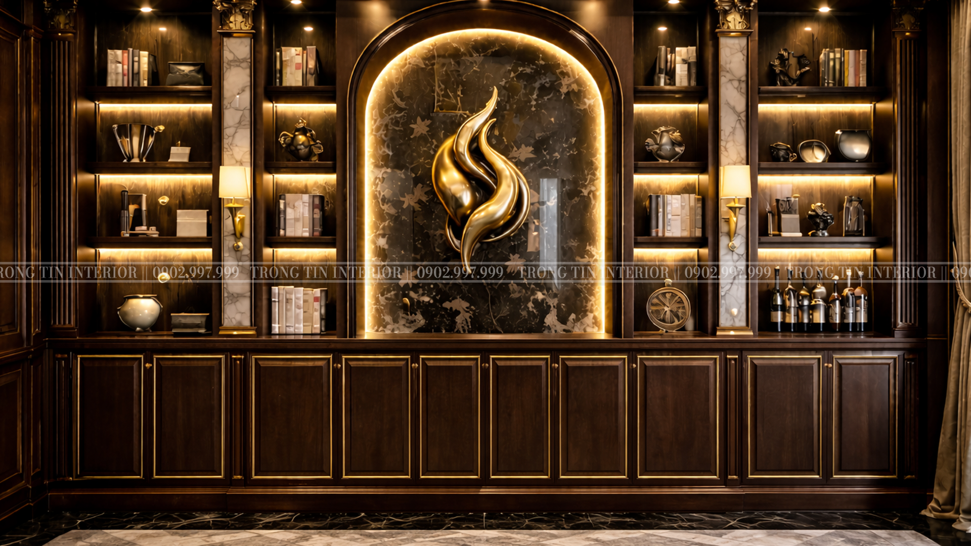 Kệ sách và tủ làm việc được thiết kế với hệ thống ánh sáng led