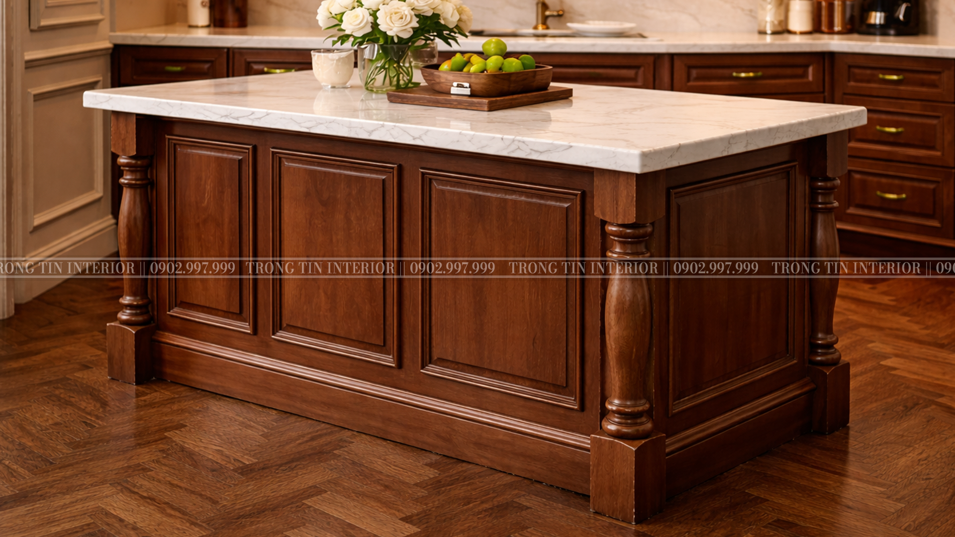 Khu vực đảo bếp và bề mặt đá marble