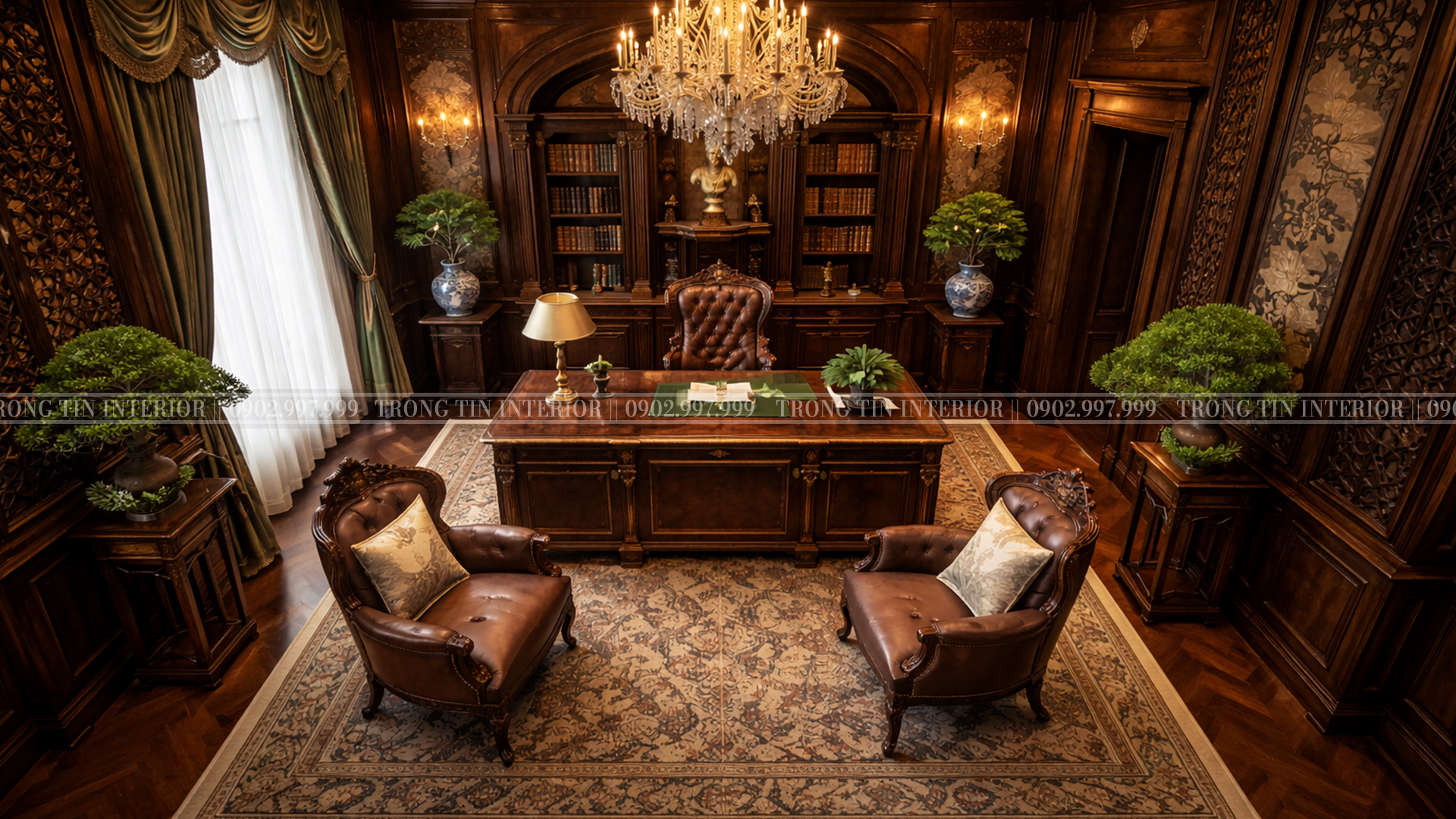 Hình ảnh thể hiện không gian bao quát góc nhìn từ trên cao của phòng làm việc cổ điển