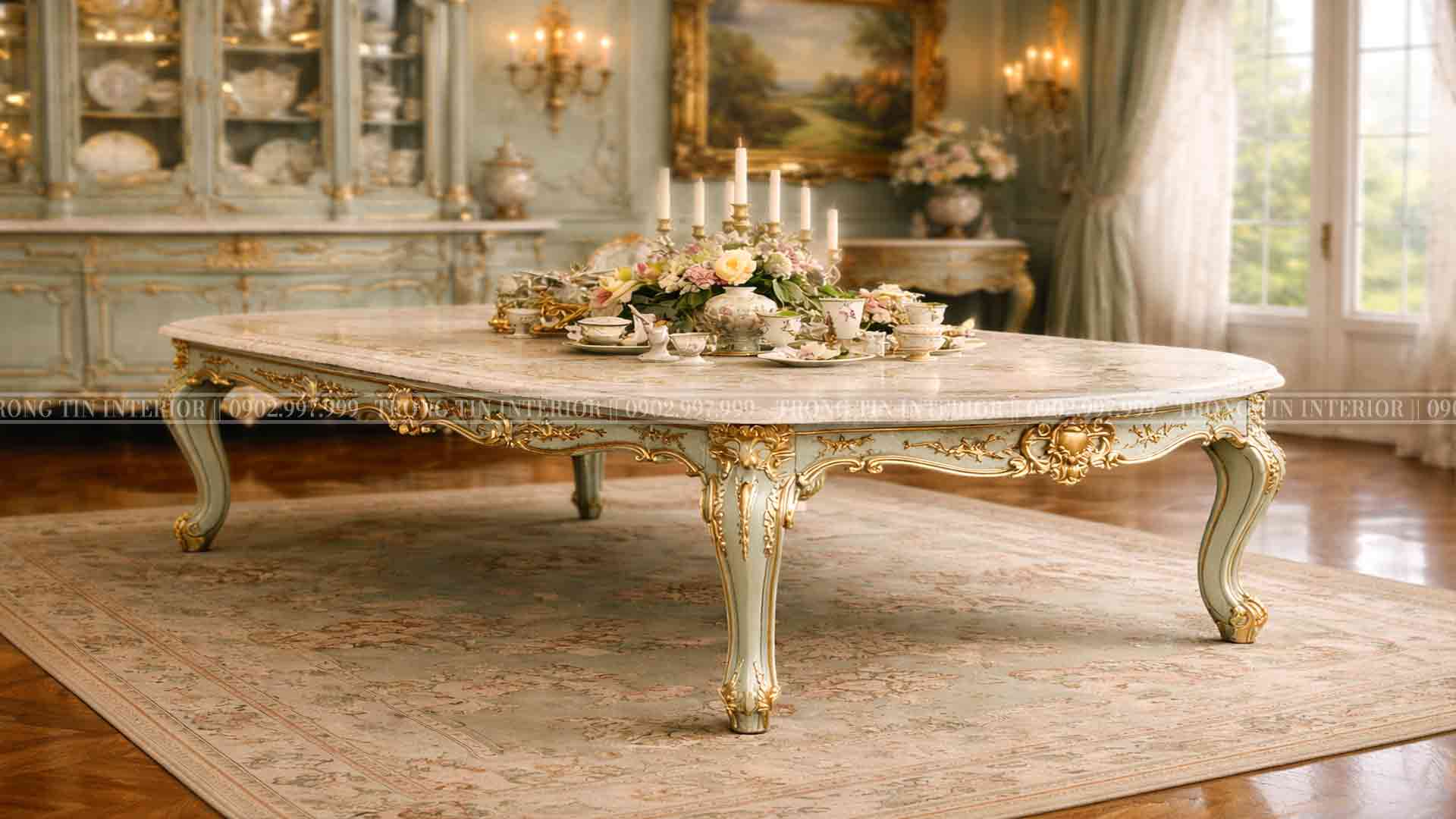 Bàn ăn cổ điển hình trong phong cách Louis XV với màu chủ đạo Xanh Pastel