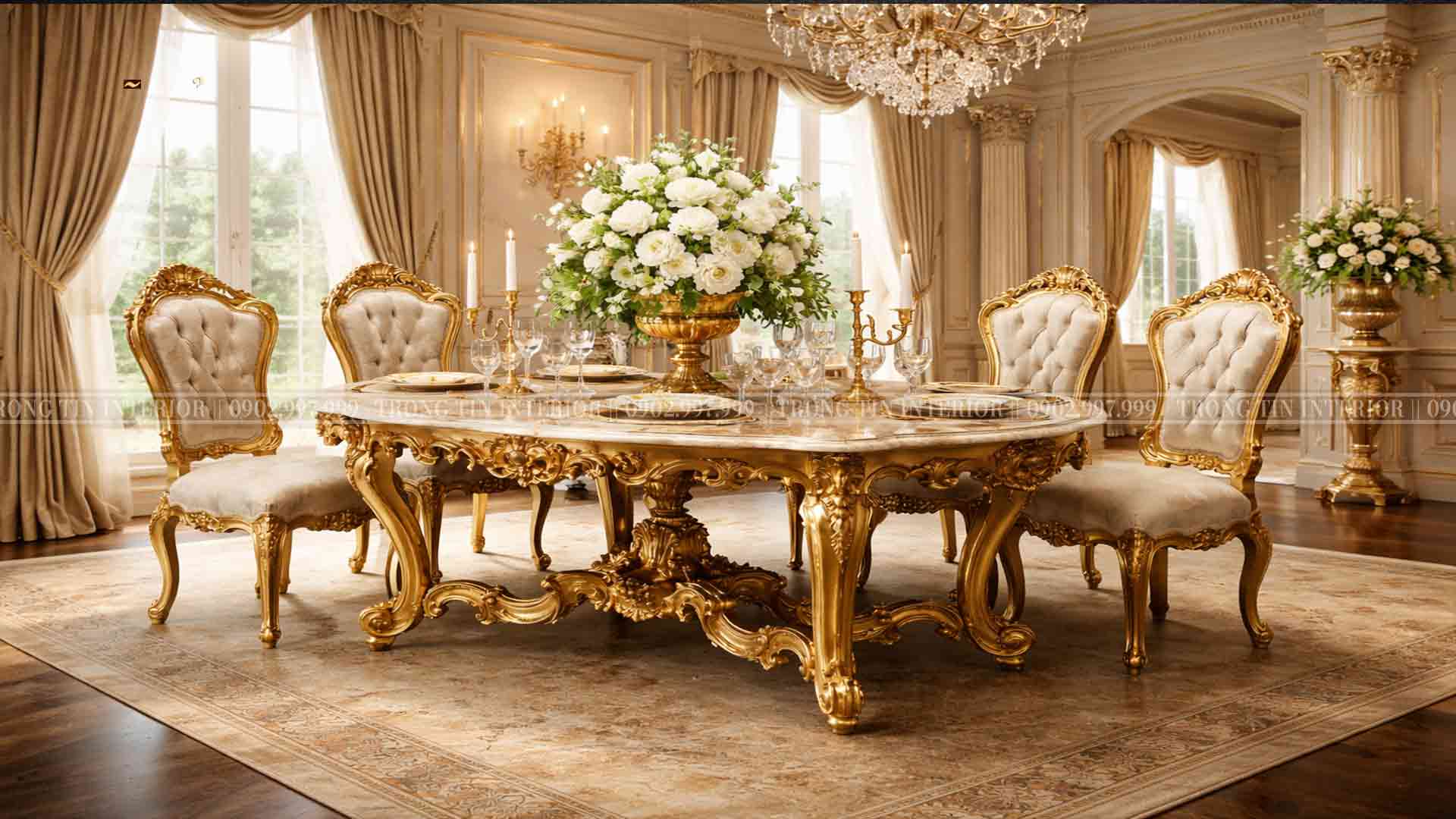 Bộ bàn ăn đặt trong đúng không gian cổ điển Luois XV