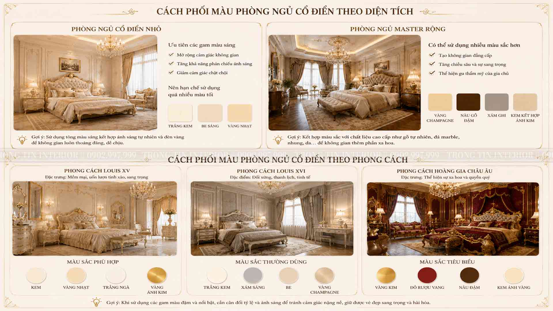 Cách phối màu phòng ngủ cổ điển theo diện tích