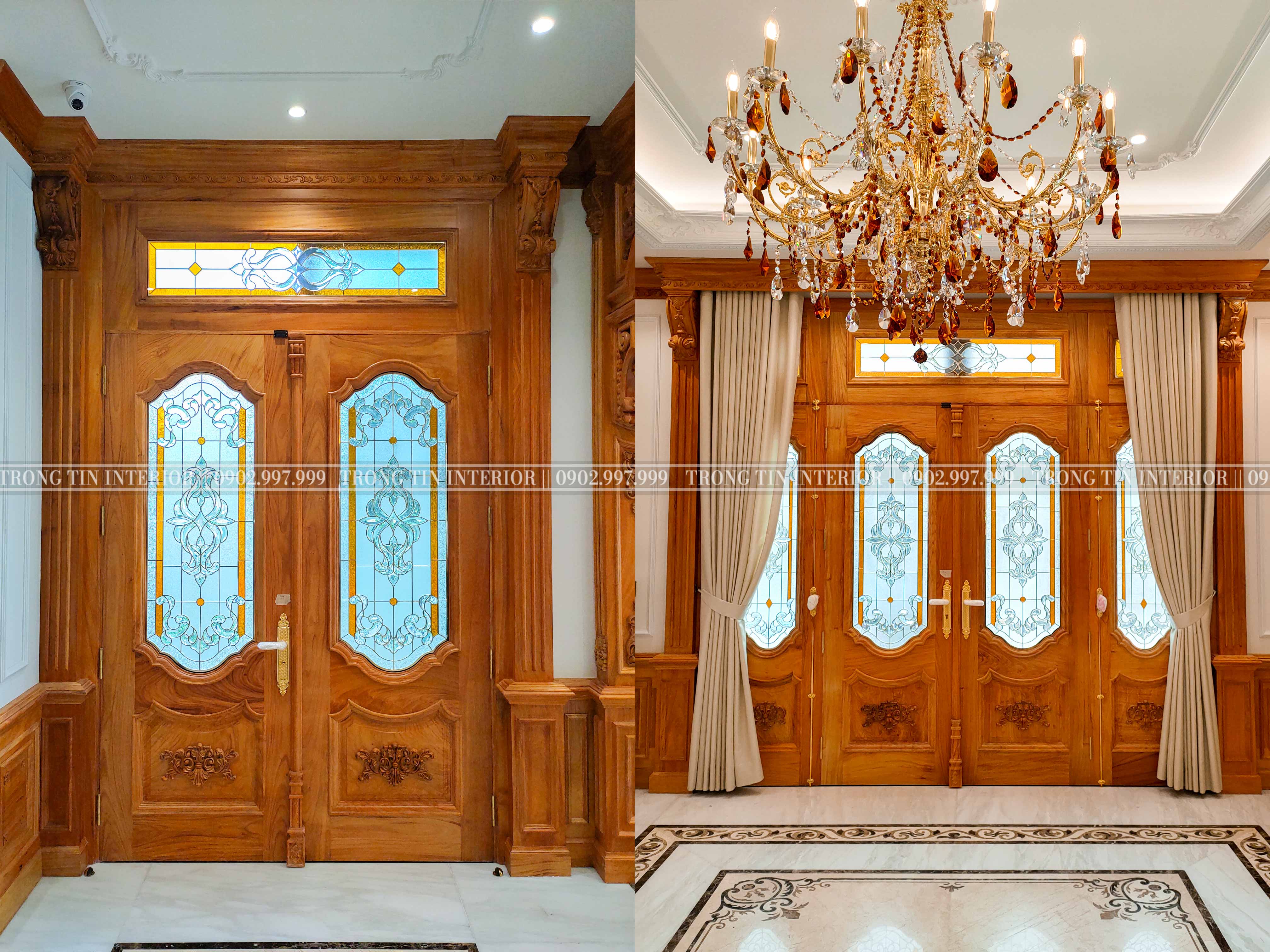 Hệ cửa chính được làm từ gỗ gõ đỏ