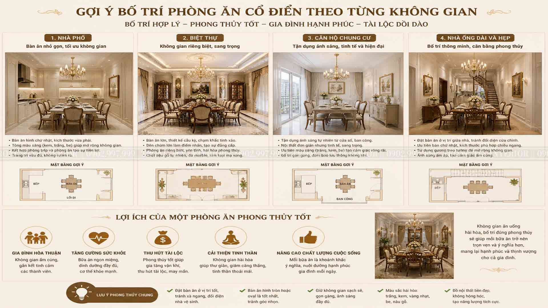 Gợi ý bố trí phòng ăn cổ điển theo từng không gian sống