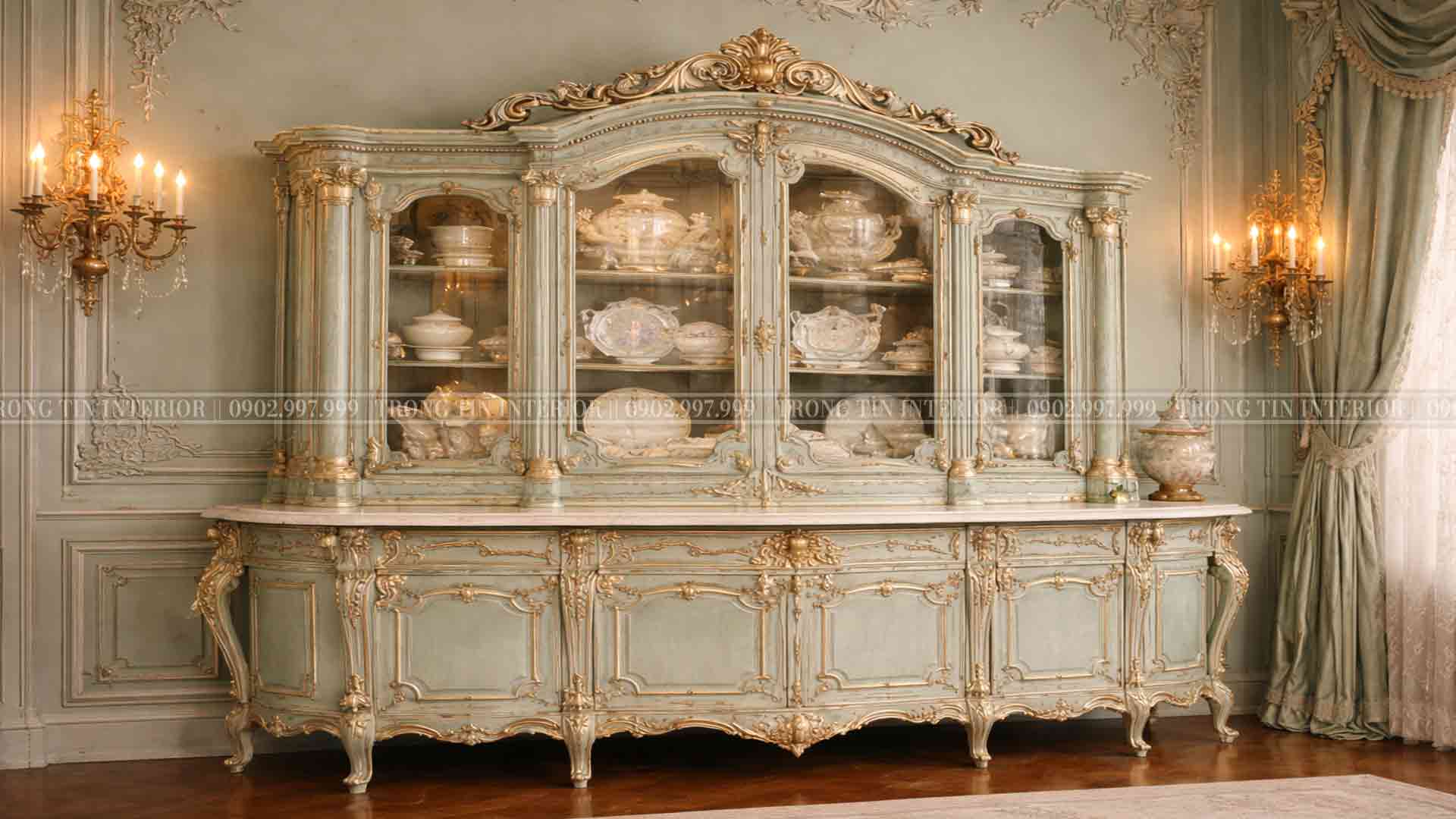 Hệ kệ tủ trang trí trưng bày bát dĩa với màu tông chủ đạo là Xanh Pastel