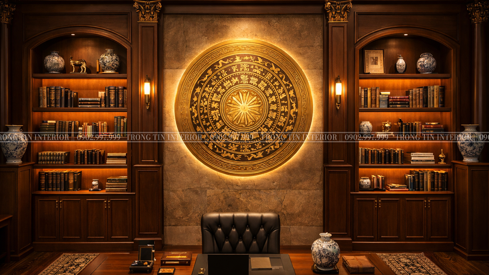 Hình ảnh kệ sách được thế kế dọc theo biểu tượng Trống Đồng ở giữa