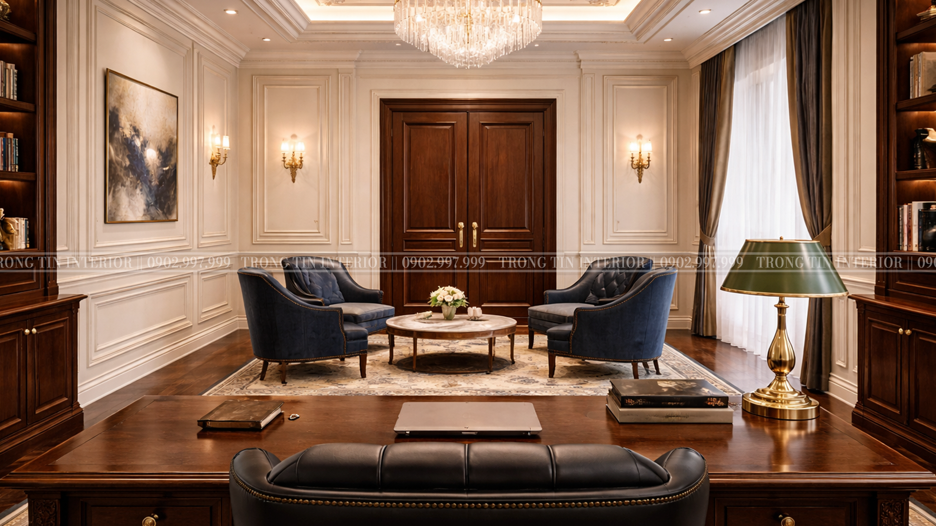 Hình ảnh thể hiện góc nhìn từ bàn làm việc ra không gian căn phòng