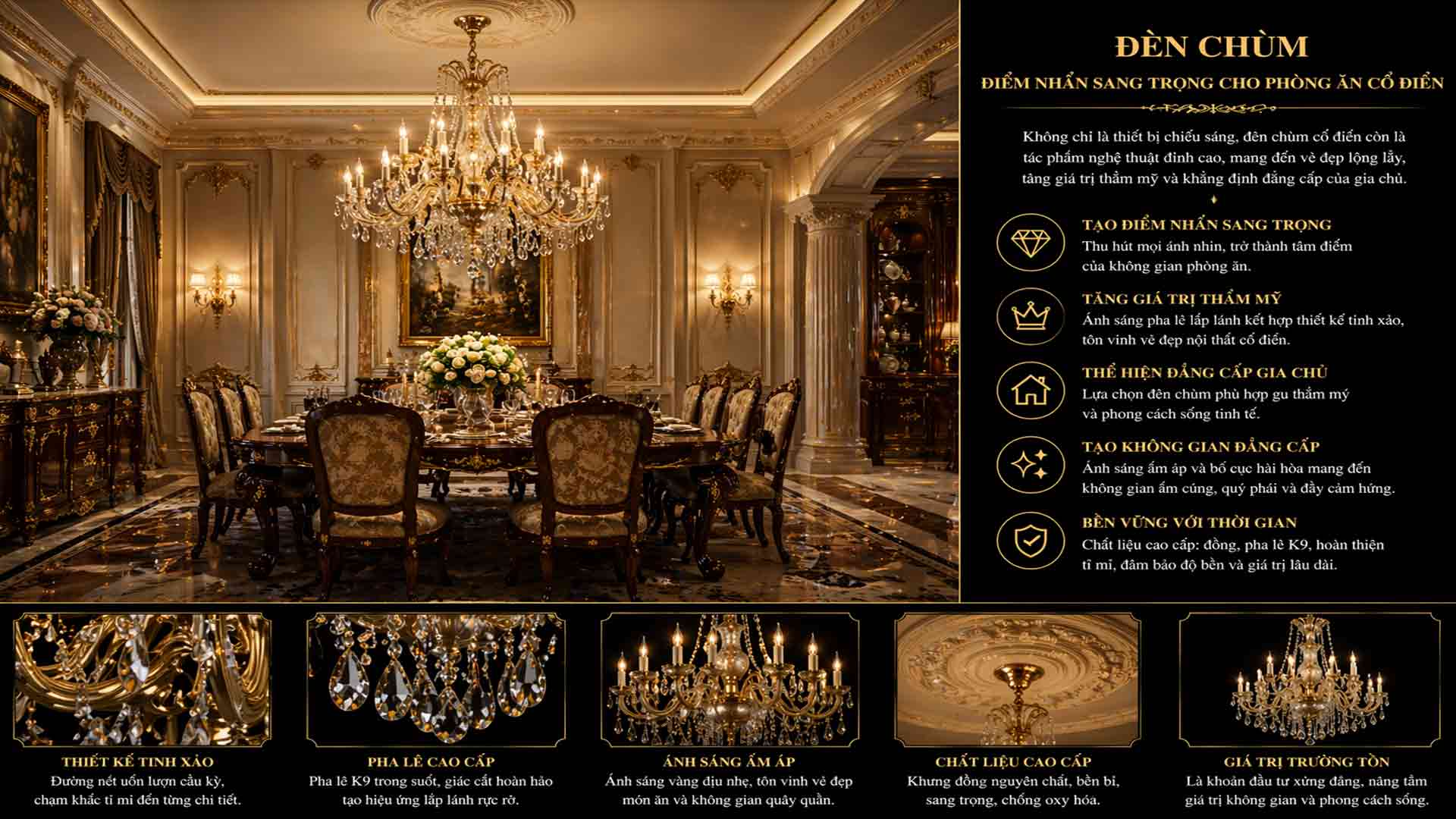 Hình ảnh thể hiện không gian phòng ăn cổ điển