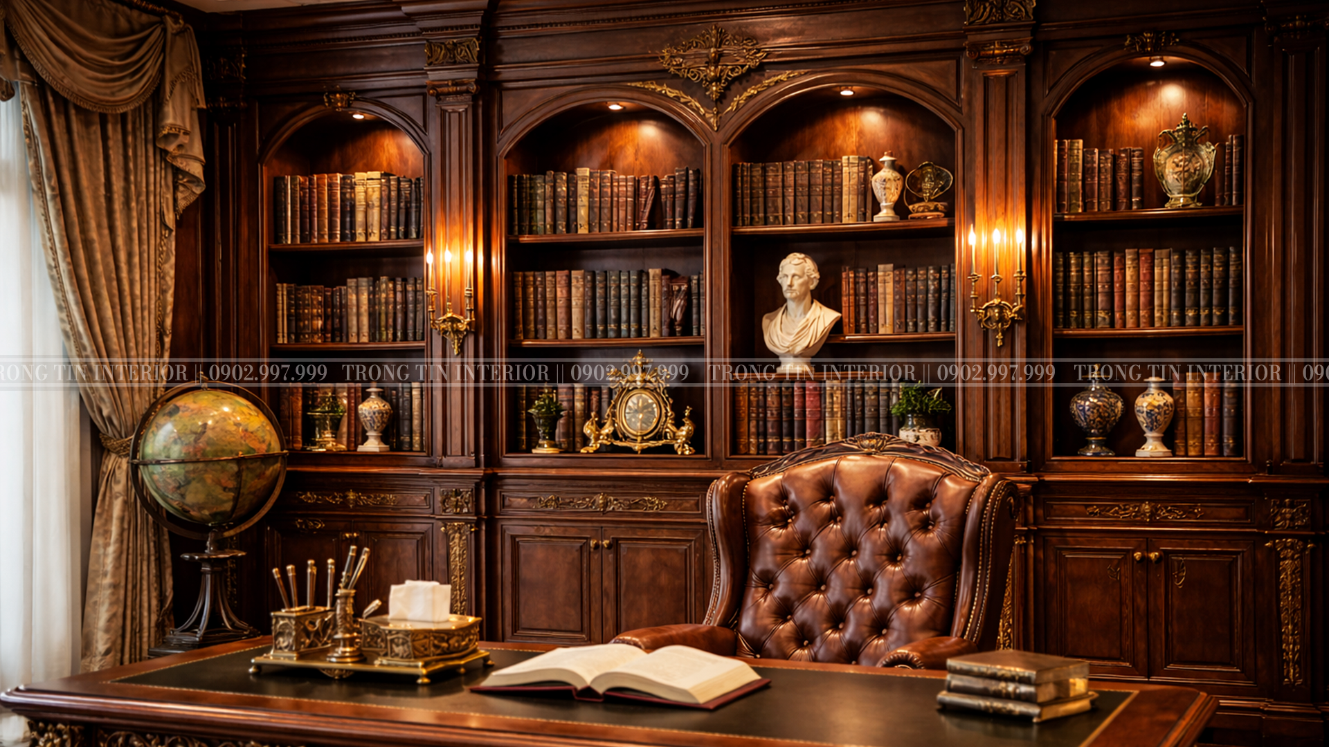 Hình ảnh không gian kệ sách được thiết kế theo phong cách cổ điển sang trọng