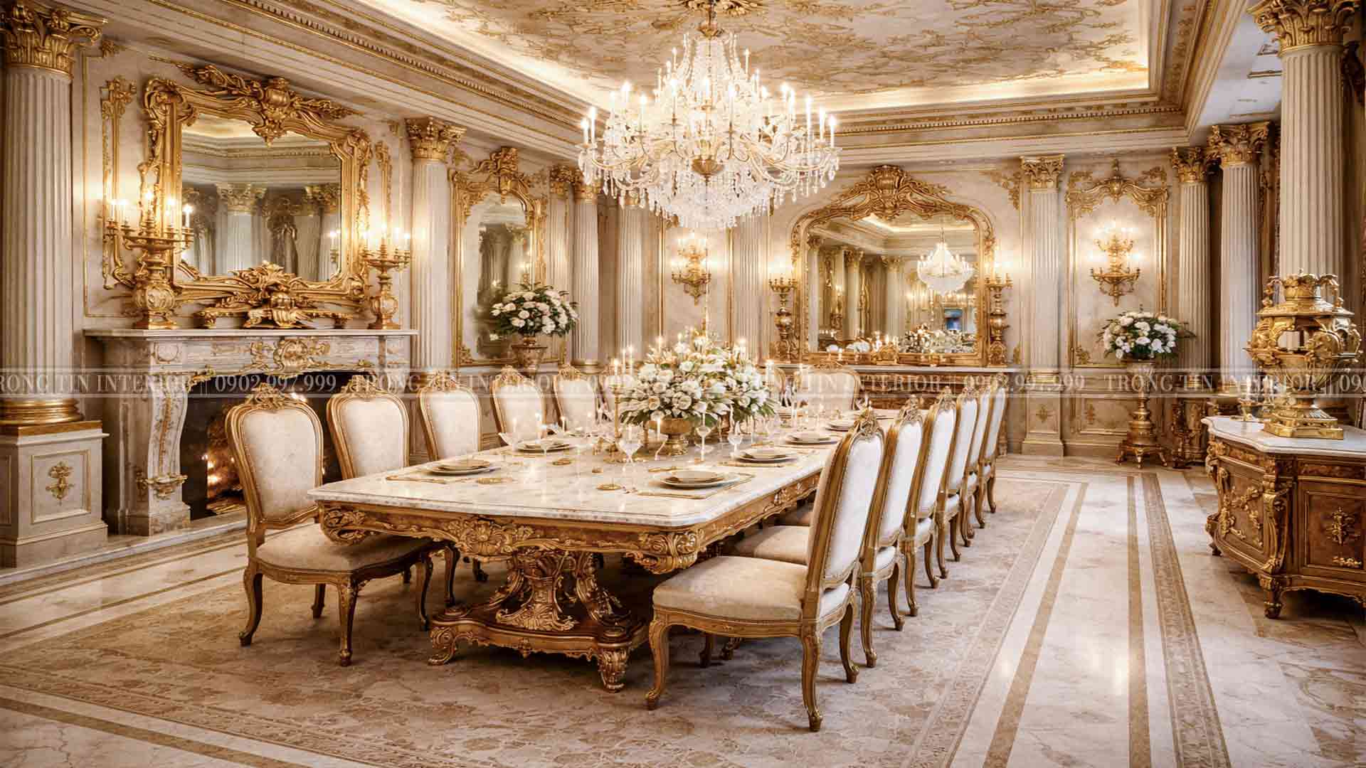 Không gian góc nhìn xéo phòng ăn cổ điển Louis XIV