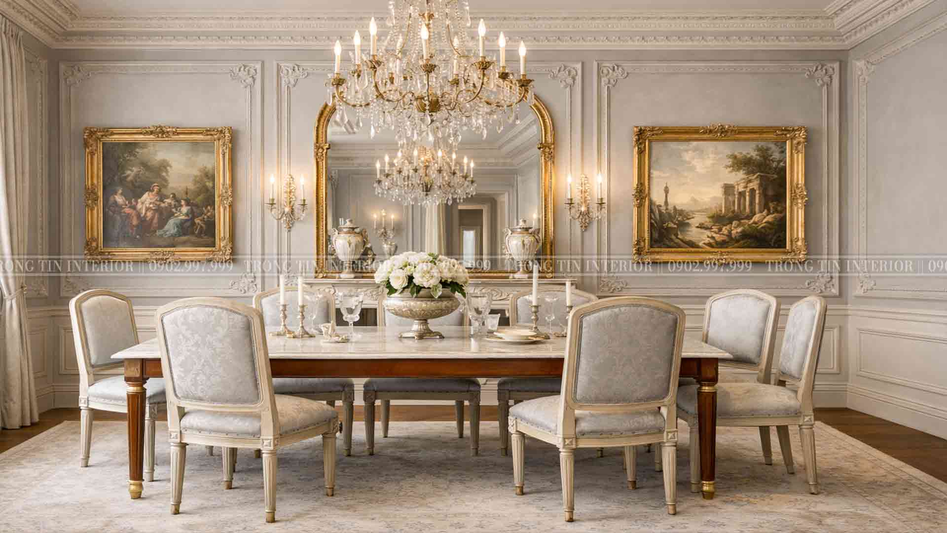 Không gian phòng ăn cổ điển louis Pháp tone màu Xám Nhạt-1