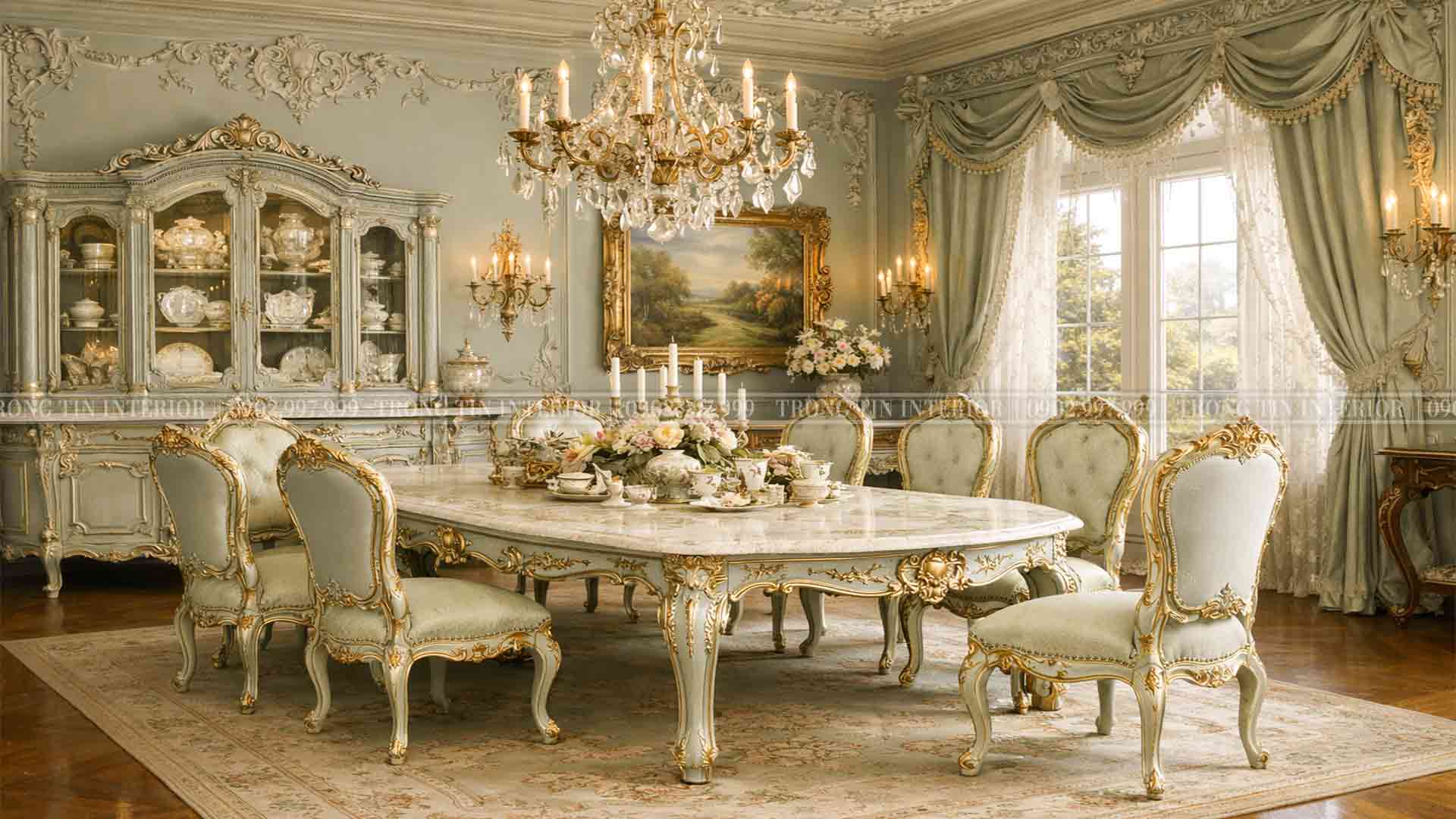 Không gian phòng ăn cổ điển với phòng cách Louis XV