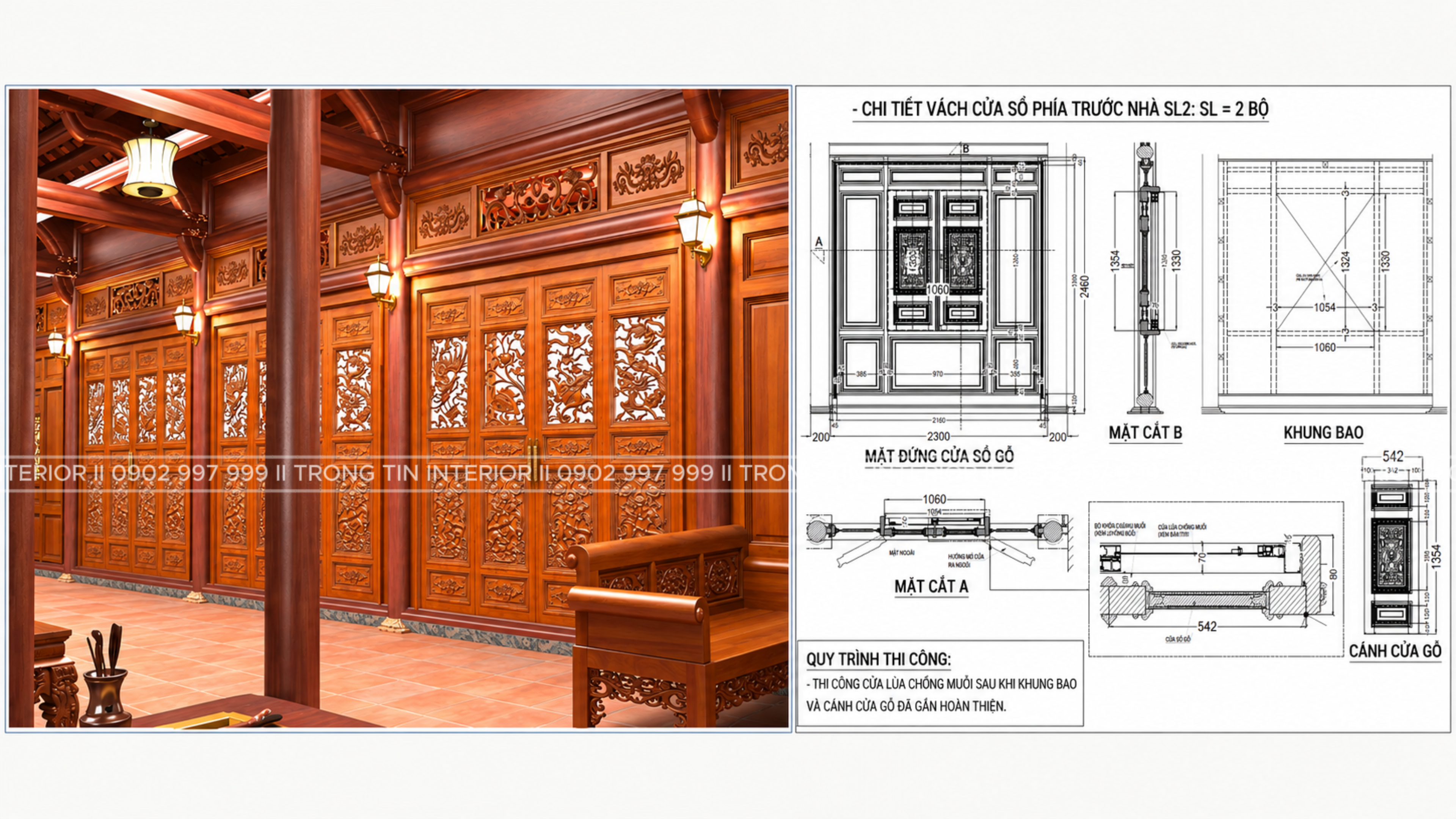 Bản vẽ kỹ thuật 2D 3D và hình ảnh thực tế vách cửa gỗ sau khi thi công hoàn thiện
