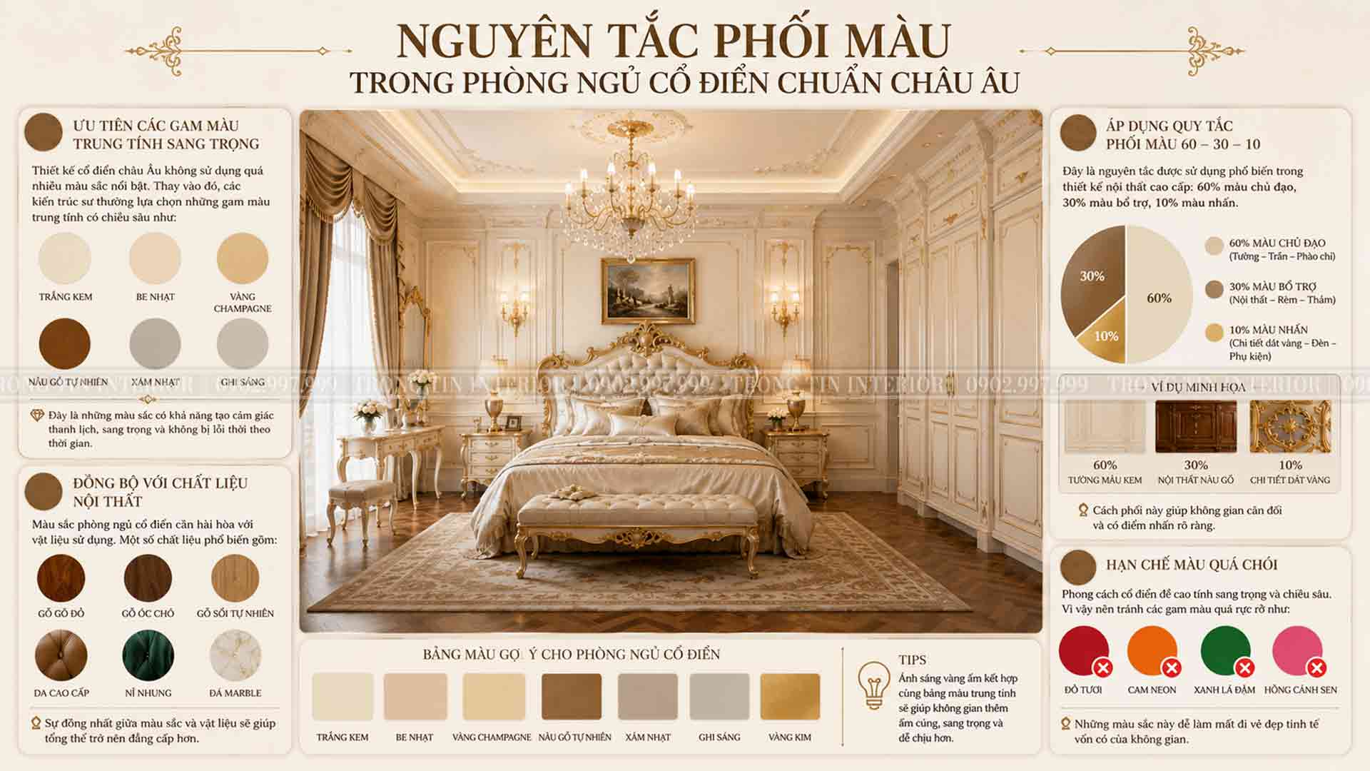 Nguyên tắc phối màu trong phòng ngủ cổ điển chuẩn châu Âu