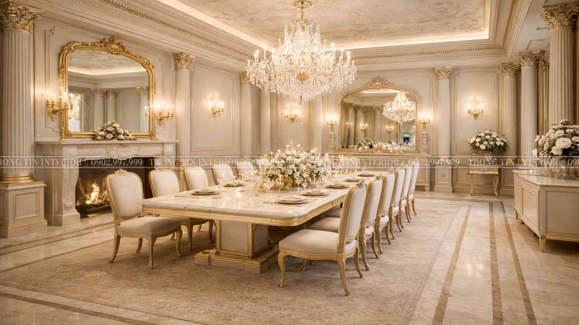 Phòng ăn Louis XIV được ứng dụng hiện đại tạo nên phong cách Tân Cổ Điển