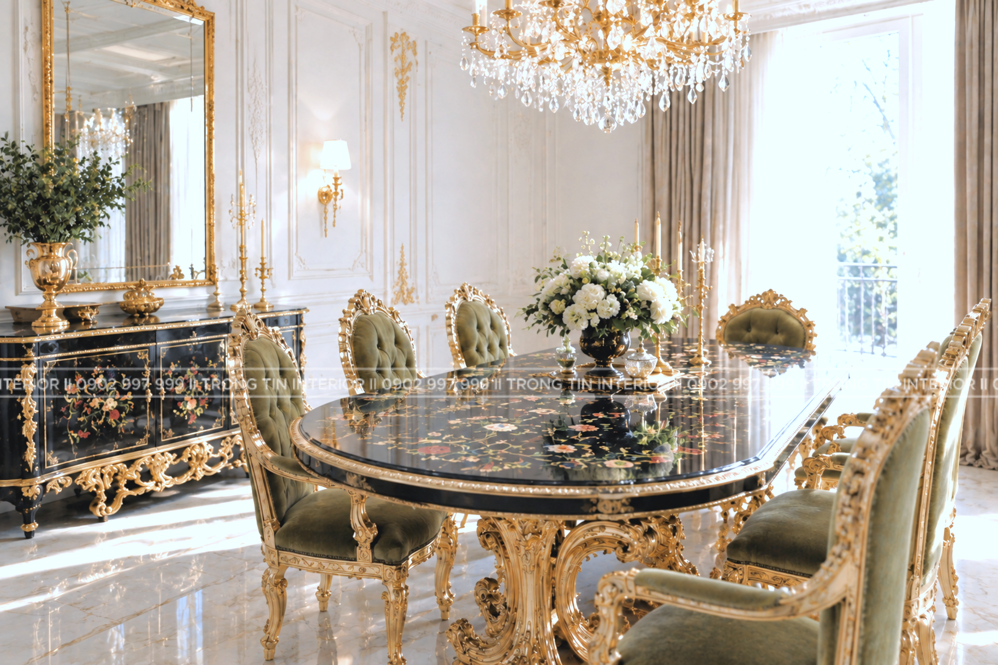 Phòng ăn phong cách Versailles Noir với bàn ăn gỗ tối màu và đèn chùm pha lê