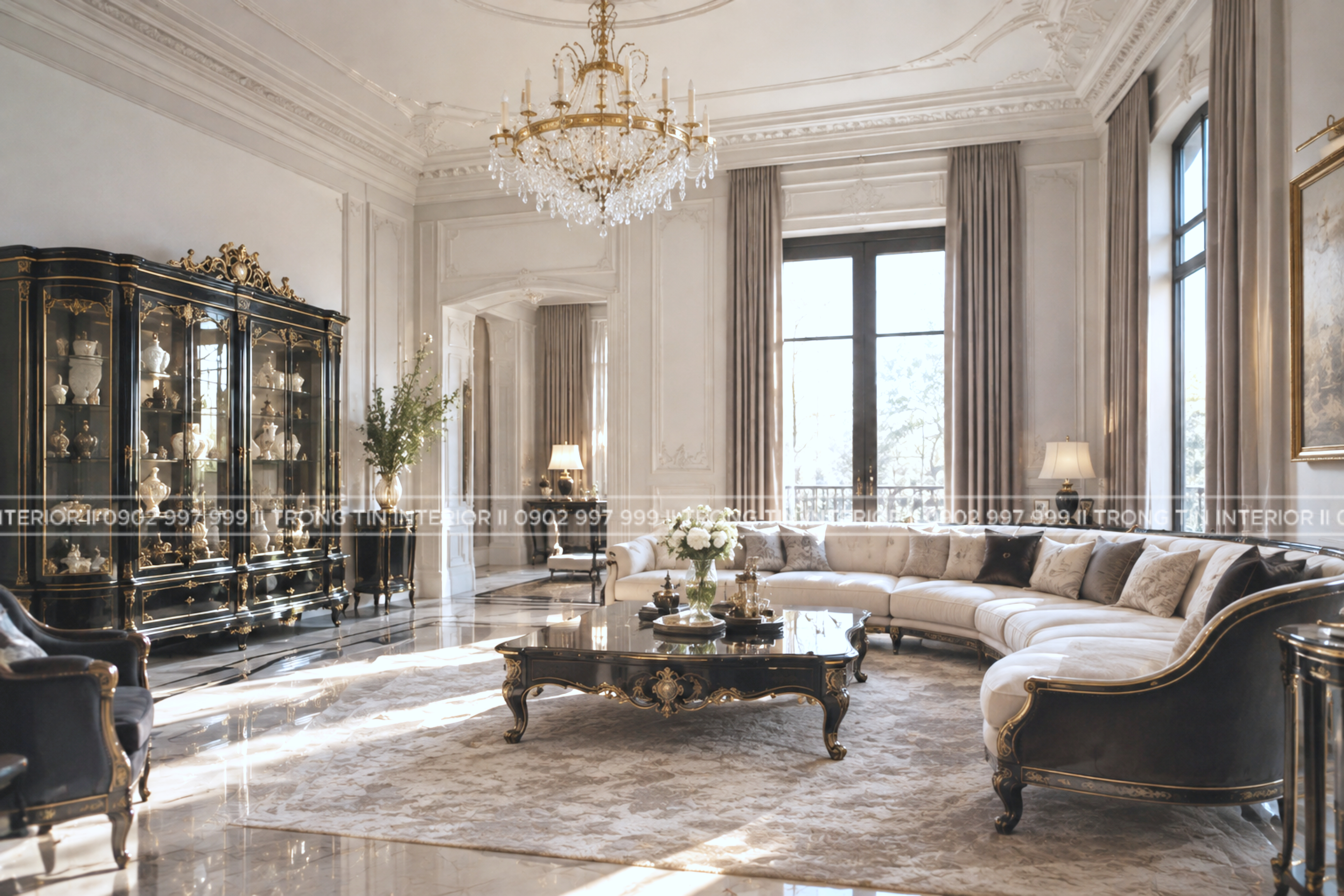 Phòng khách phong cách Versailles Noir với sofa lớn và nội thất gỗ óc chó