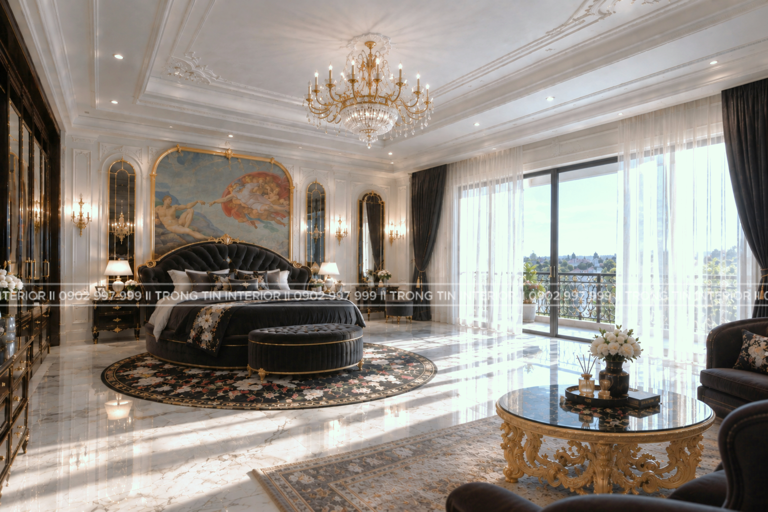 Phòng ngủ phong cách Versailles Noir với giường lớn và nội thất cổ điển